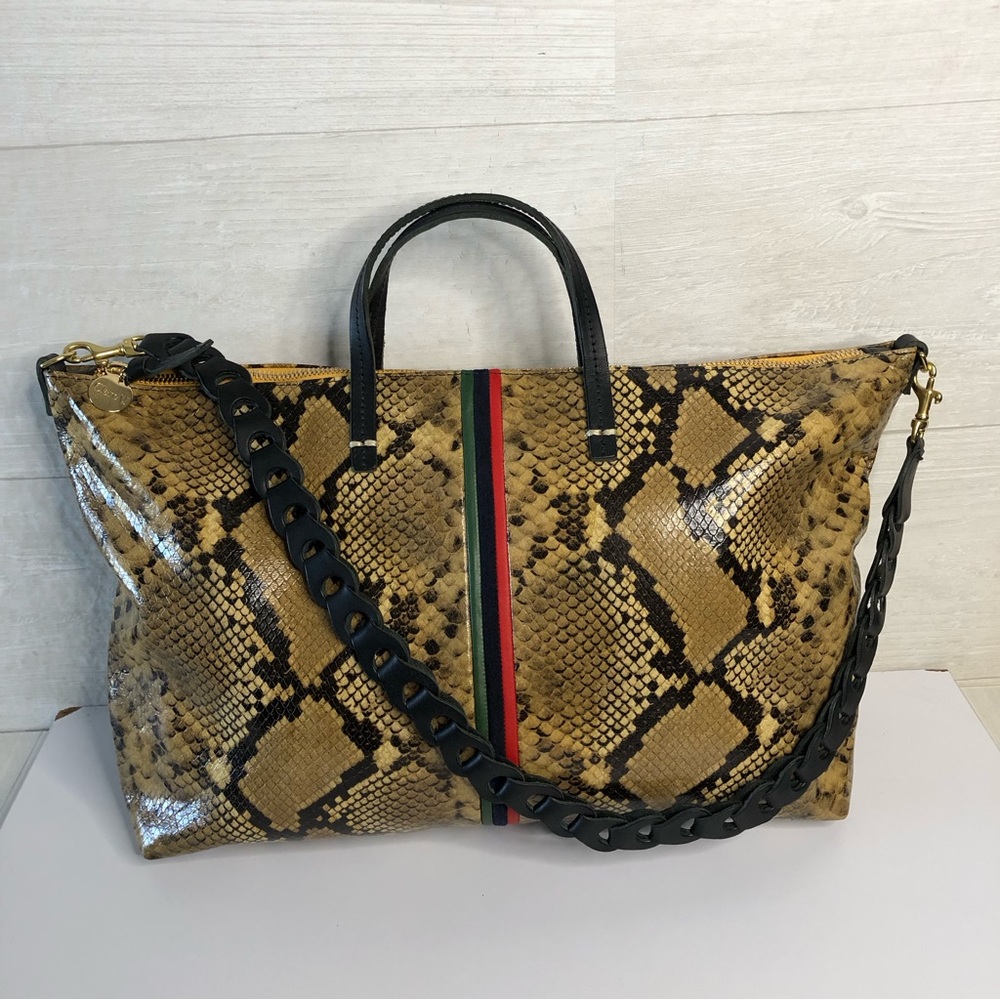 Clare V Tan and Black Snake Print Tote